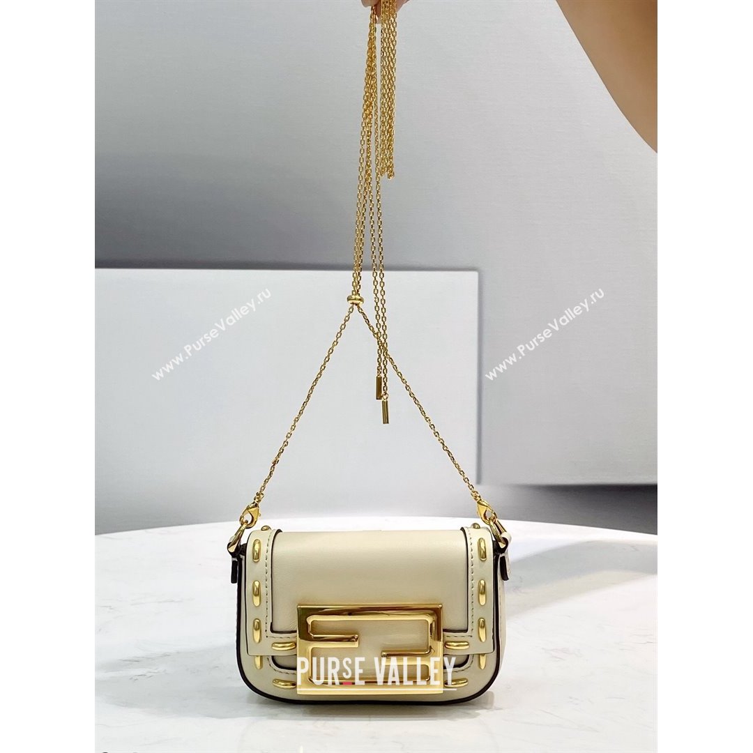 Fendi Nano Baguette Charm in Metal Stitched Leather White 2021 (CL-21090623)