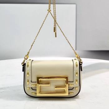 Fendi Nano Baguette Charm in Metal Stitched Leather White 2021 (CL-21090623)