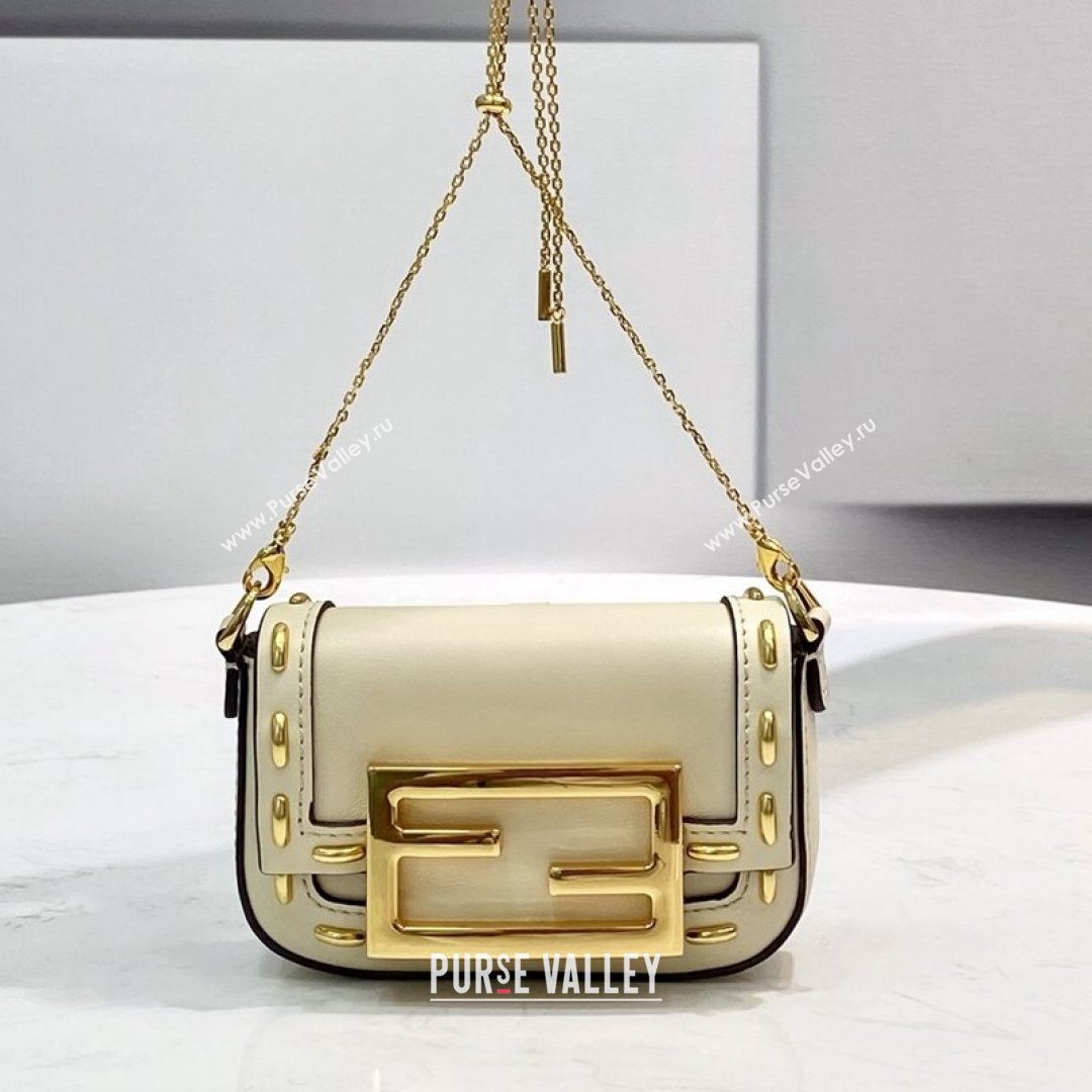 Fendi Nano Baguette Charm in Metal Stitched Leather White 2021 (CL-21090623)