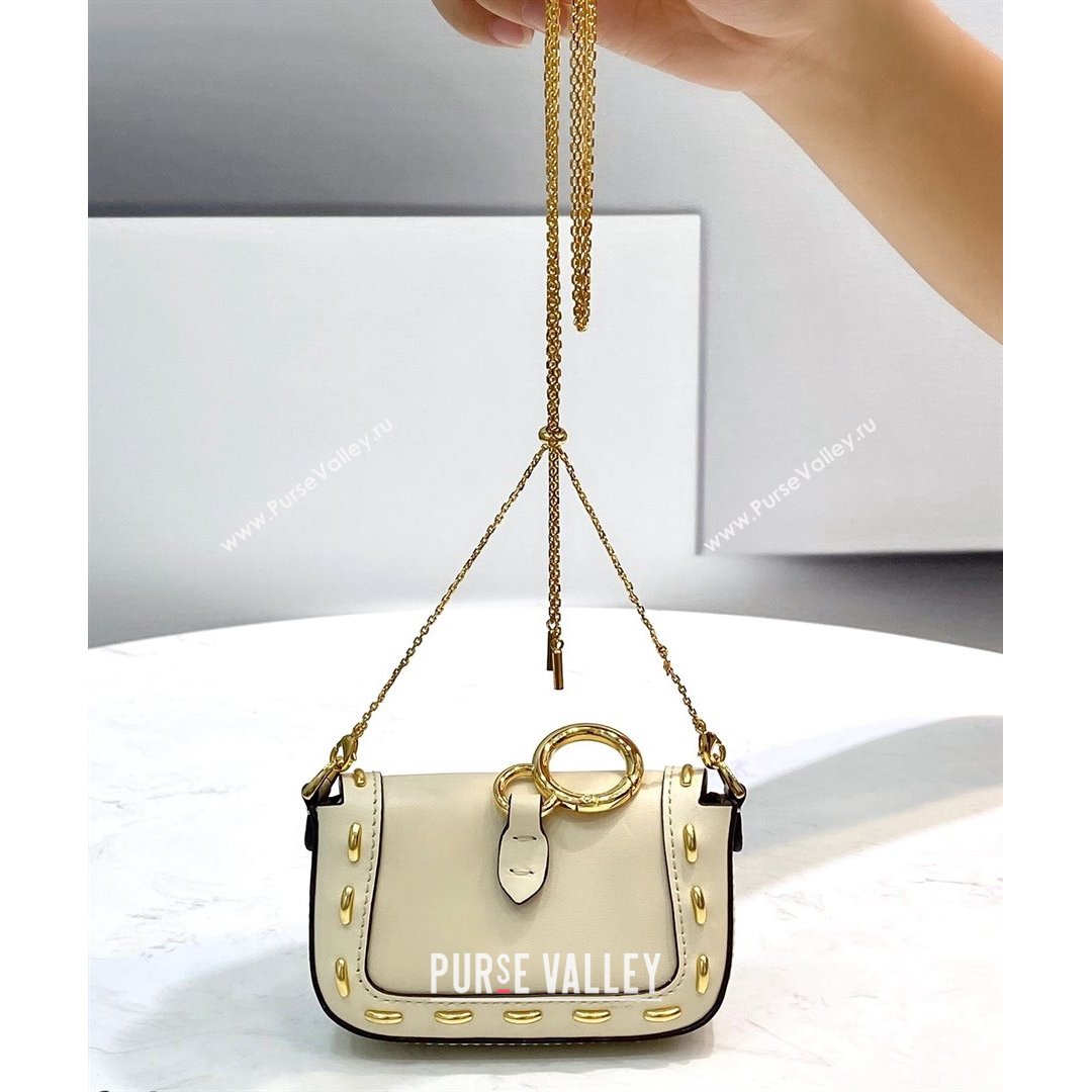 Fendi Nano Baguette Charm in Metal Stitched Leather White 2021 (CL-21090623)