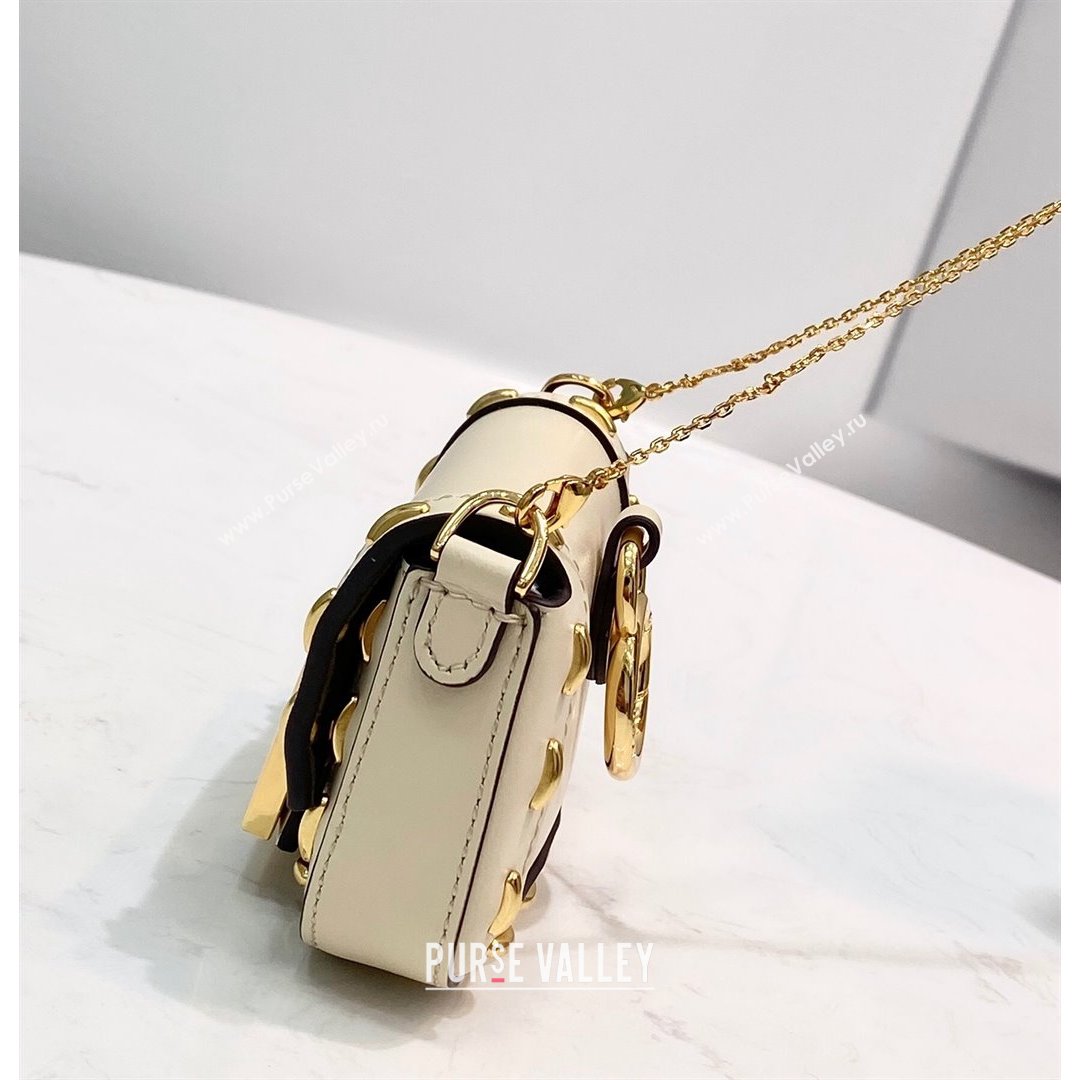 Fendi Nano Baguette Charm in Metal Stitched Leather White 2021 (CL-21090623)