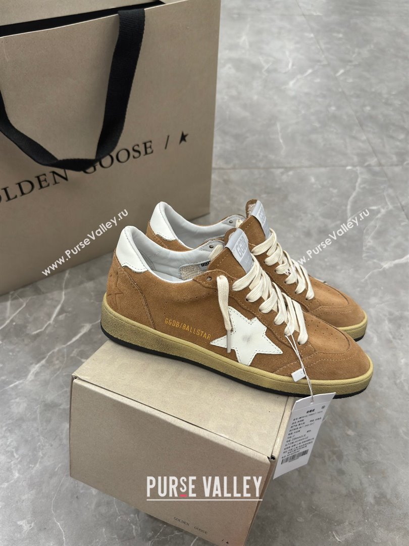 Golden Goose Ball Star Sneakers in camel brown suede with white star and tab 2024 (13-240702111)