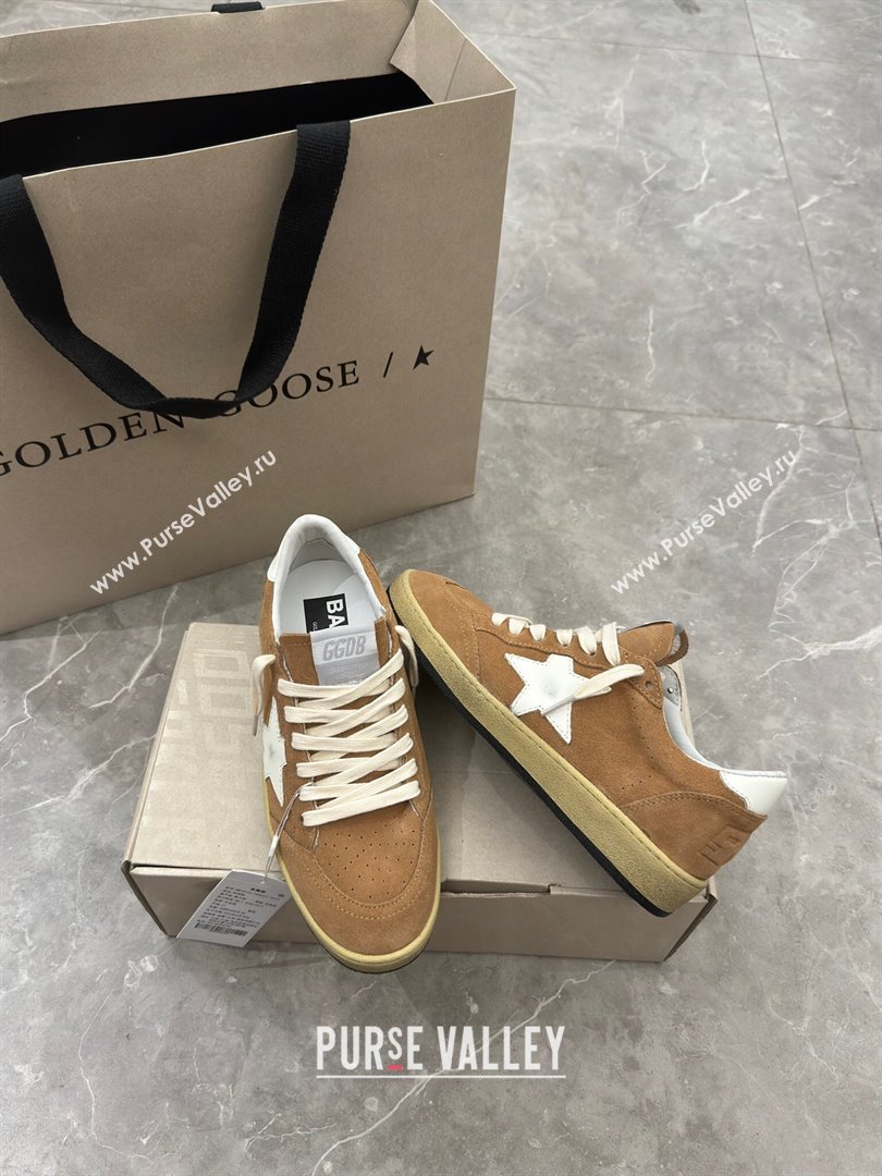 Golden Goose Ball Star Sneakers in camel brown suede with white star and tab 2024 (13-240702111)