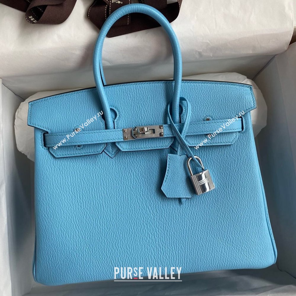 Hermes Birkin 25cm/30cm Bag in Original Chevre Leather Candy Blue/Silver 2024 (Full Handmade) (XYA-24041001)