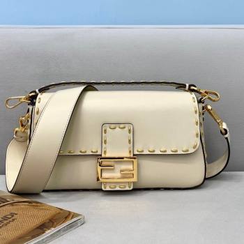 Fendi Baguette Medium Bag in Metal Stitched Leather White 2021 (CL-21090626)