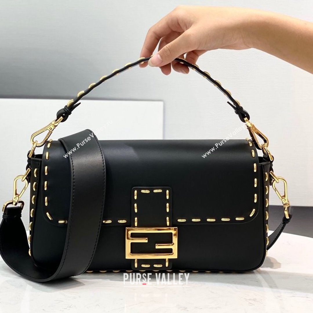 Fendi Baguette Medium Bag in Metal Stitched Leather Black 2021 (CL-21090625)