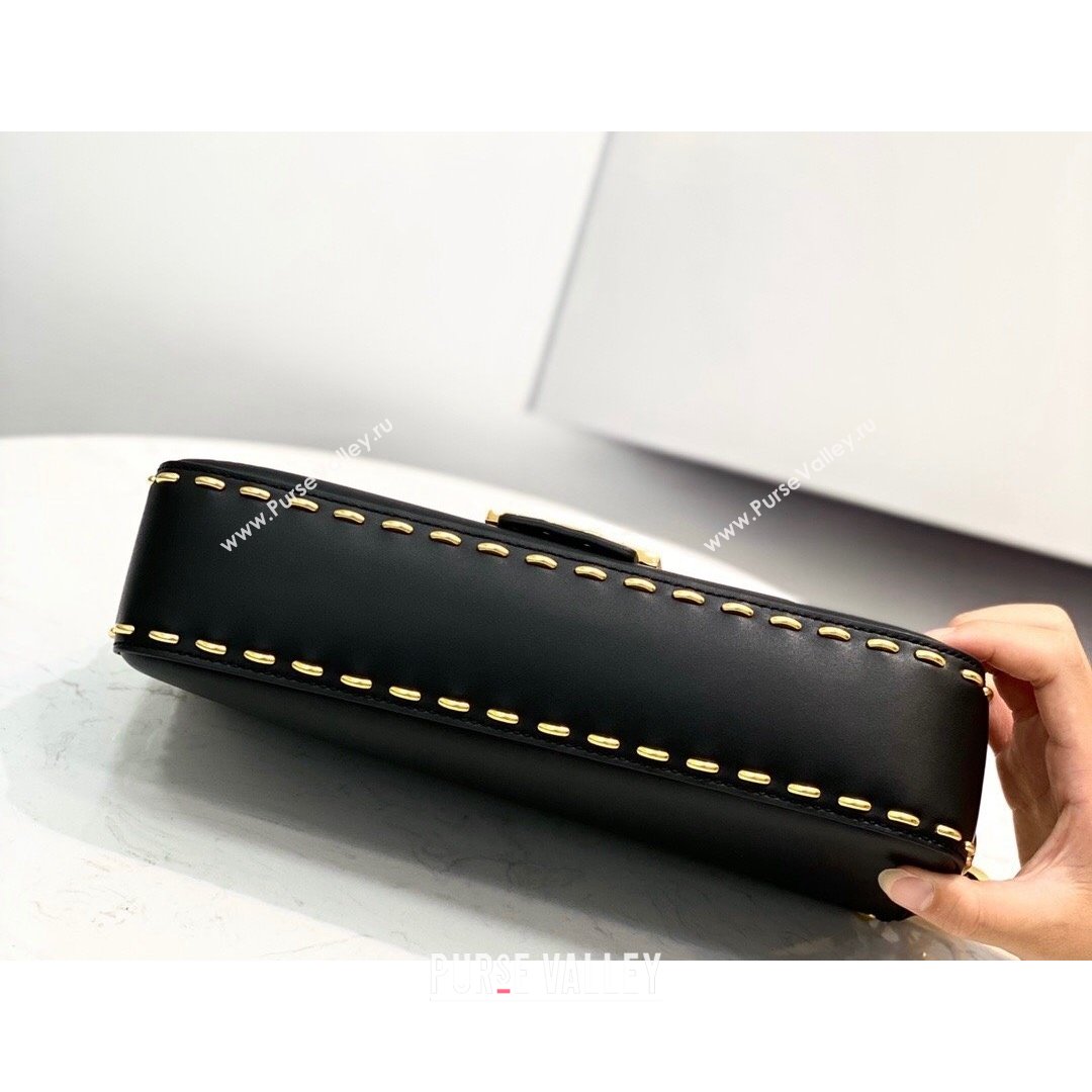 Fendi Baguette Medium Bag in Metal Stitched Leather Black 2021 (CL-21090625)