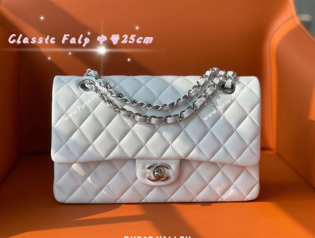 Chanel Quilted Lambskin Medium Classic Flap Bag A01112 White/Silver 2024 Original Quality (MHE-24072306)