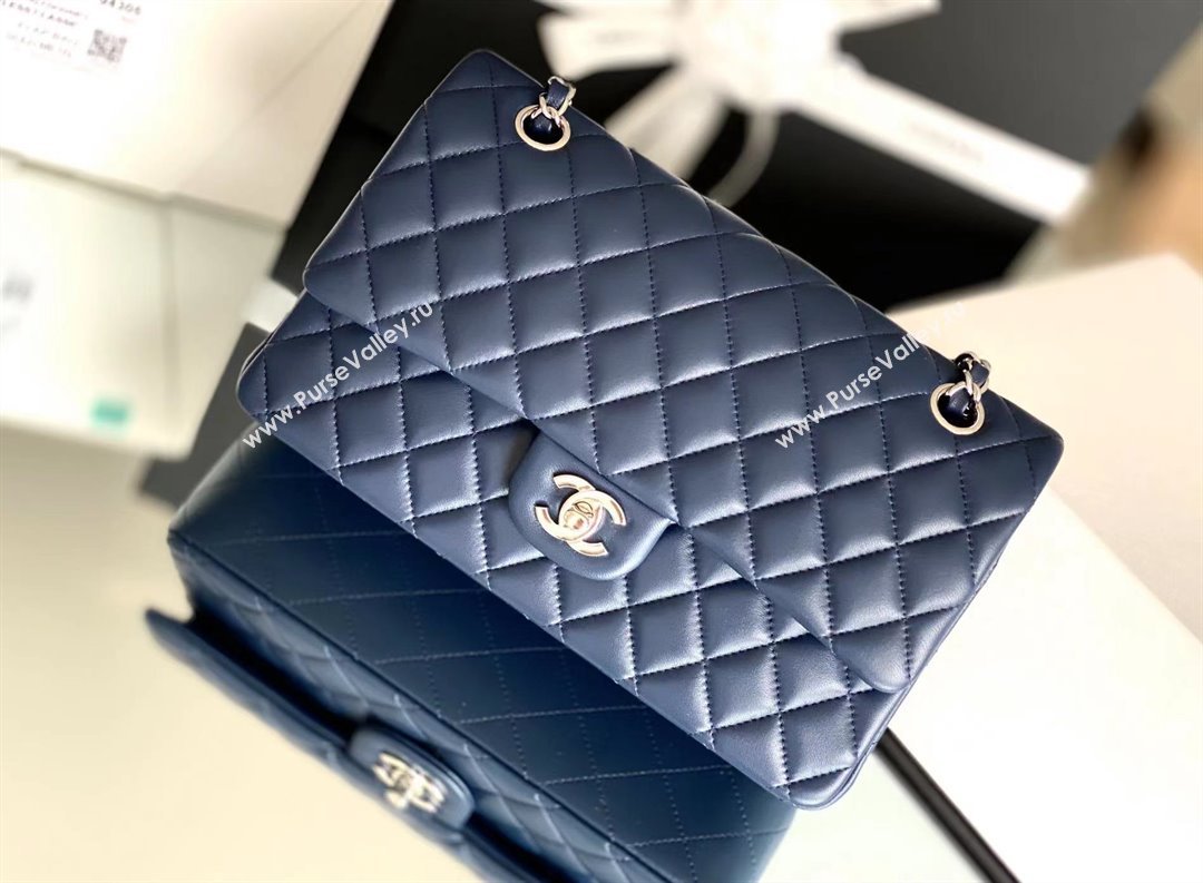 Chanel Quilted Lambskin Medium Classic Flap Bag A01112 Navy Blue/Silver 2024 Original Quality (MHE-24072308)