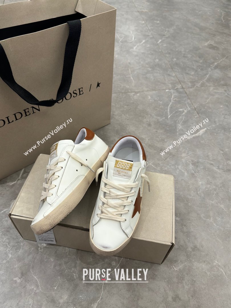 Golden Goose Super-Star Sneakers in White Leather and Brown Star and Tab 2024 0702 (13-240702114)