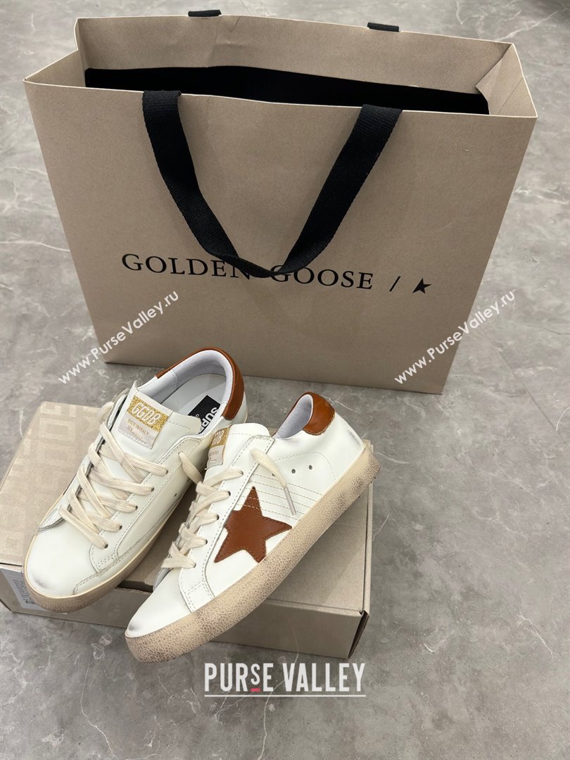 Golden Goose Super-Star Sneakers in White Leather and Brown Star and Tab 2024 0702 (13-240702114)