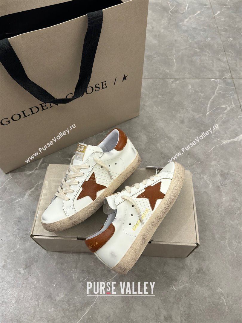 Golden Goose Super-Star Sneakers in White Leather and Brown Star and Tab 2024 0702 (13-240702114)