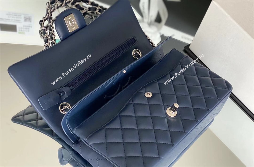 Chanel Quilted Lambskin Medium Classic Flap Bag A01112 Navy Blue/Silver 2024 Original Quality (MHE-24072308)