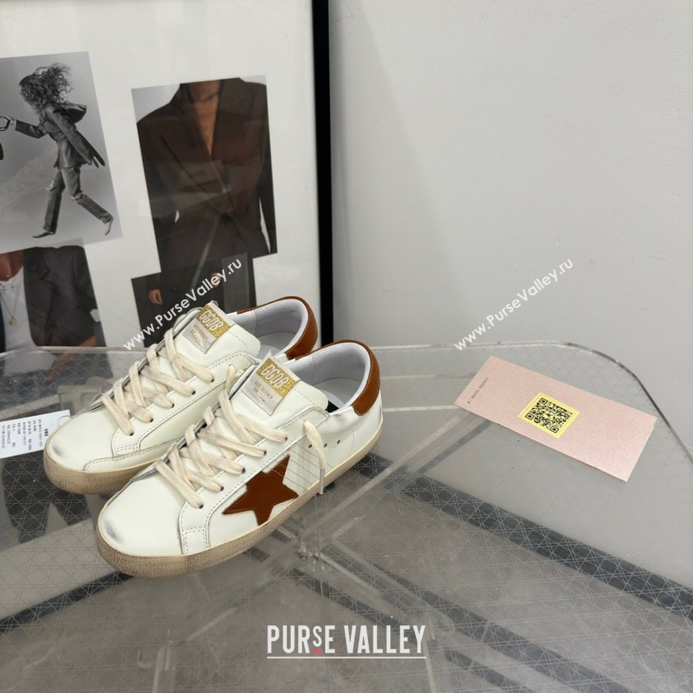 Golden Goose Super-Star Sneakers in White Leather and Brown Star and Tab 2024 0702 (13-240702114)