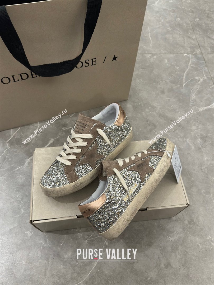 Golden Goose Womens Super-Star sneakers in silver glitter with dove-gray suede star 2024 (13-240702112)