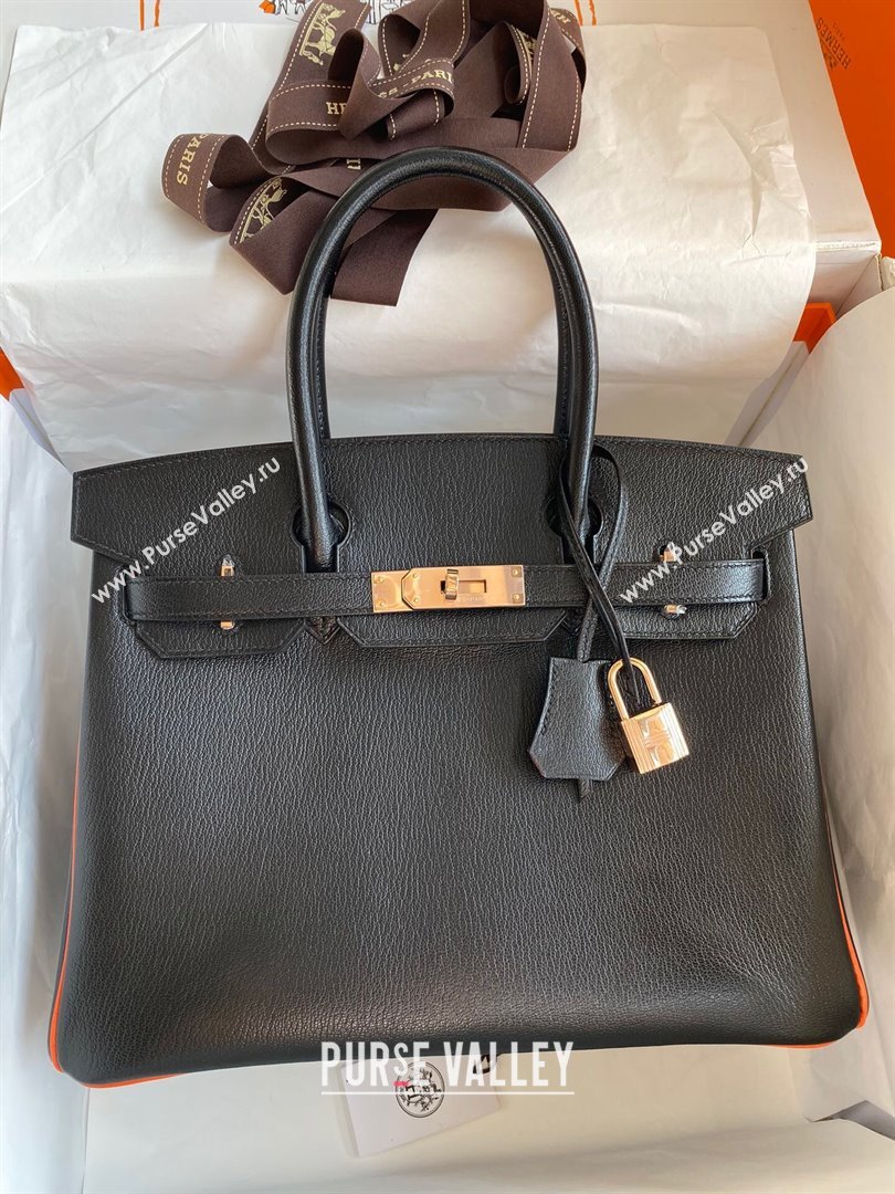 Hermes Birkin 25cm/30cm Bag in Original Chevre Leather Black/Orange/Pink Gold 2024 (Full Handmade) (XYA-24041005)