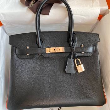 Hermes Birkin 25cm/30cm Bag in Original Chevre Leather Black/Orange/Pink Gold 2024 (Full Handmade) (XYA-24041005)