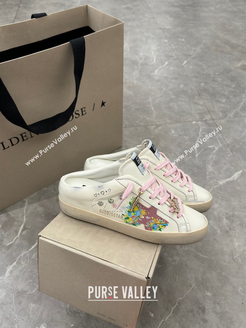 Golden Goose Super-Star Sabots Mules in Printed White Leather 2024 0702 (13-240702115)