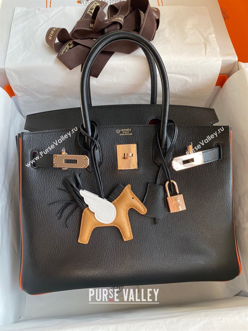 Hermes Birkin 25cm/30cm Bag in Original Chevre Leather Black/Orange/Pink Gold 2024 (Full Handmade) (XYA-24041005)