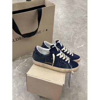 Golden Goose Womens Super-Star in navy blue nappa with black star and glitter heel tab 2024 (13-240702118)