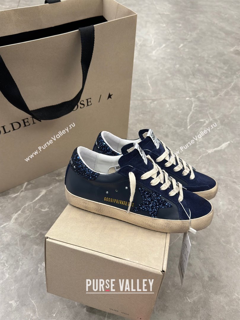 Golden Goose Womens Super-Star in navy blue nappa with black star and glitter heel tab 2024 (13-240702118)