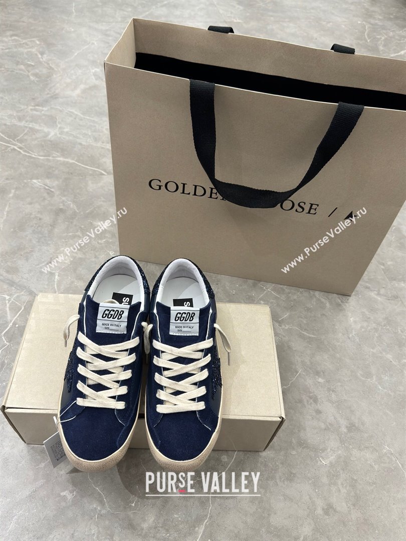 Golden Goose Womens Super-Star in navy blue nappa with black star and glitter heel tab 2024 (13-240702118)