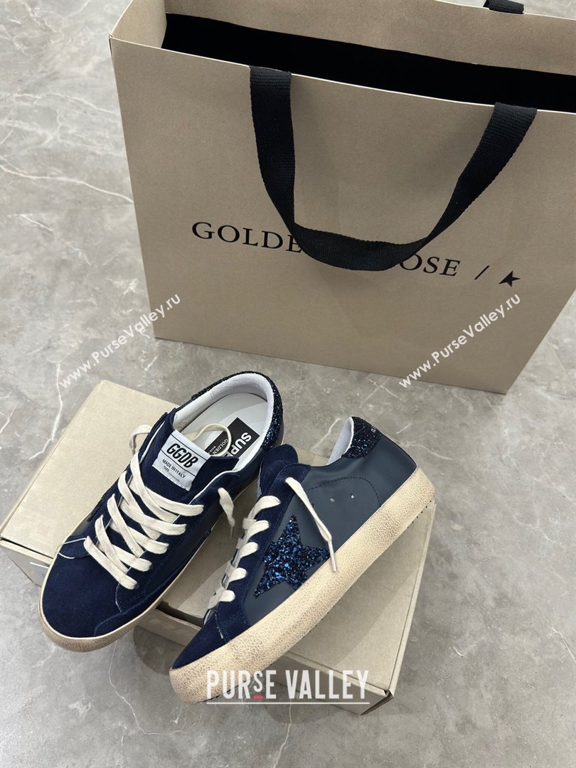 Golden Goose Womens Super-Star in navy blue nappa with black star and glitter heel tab 2024 (13-240702118)