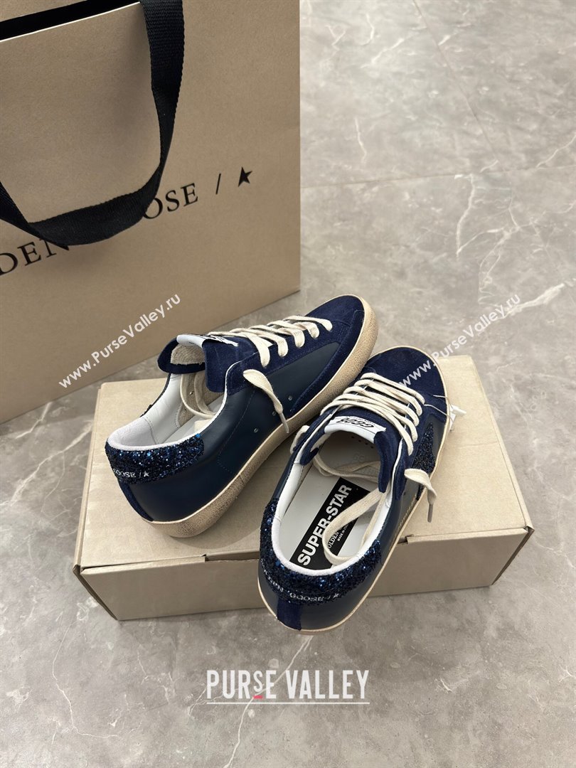 Golden Goose Womens Super-Star in navy blue nappa with black star and glitter heel tab 2024 (13-240702118)