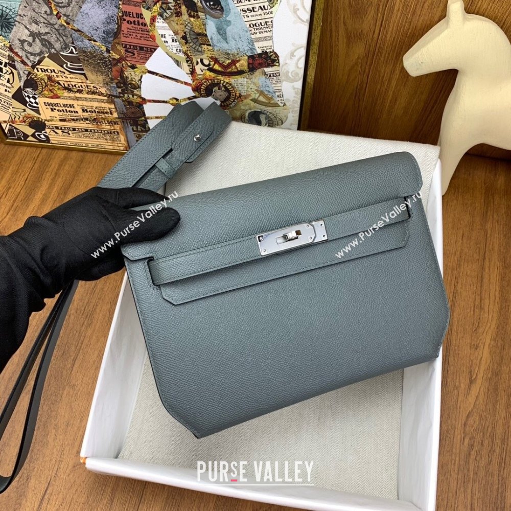 Hermes Kelly Depeches 25 Pouch in Original Epsom Leather Almond Green/2024 (Full Handmade) (XYA-24041006)