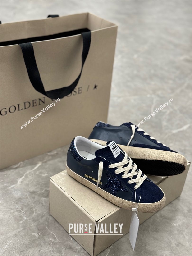 Golden Goose Womens Super-Star in navy blue nappa with black star and glitter heel tab 2024 (13-240702118)