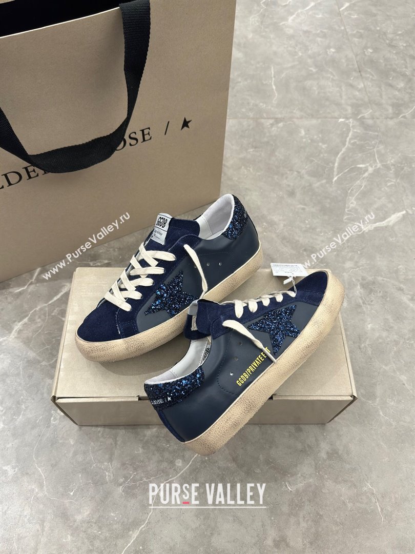 Golden Goose Womens Super-Star in navy blue nappa with black star and glitter heel tab 2024 (13-240702118)