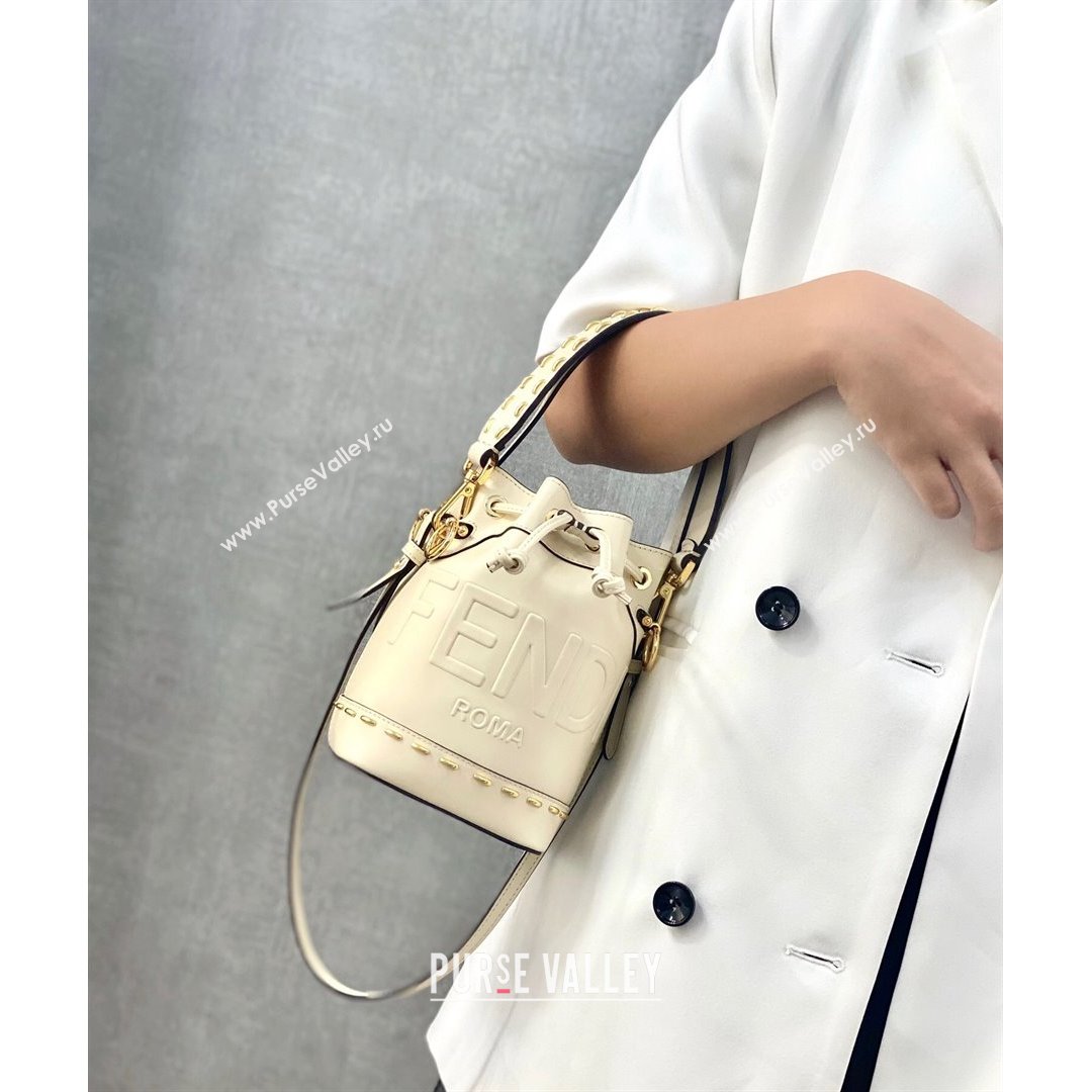 Fendi Mon Tresor Mini Bucket Bag in Metal Stitched Leather White 2021 (CL-21090638)