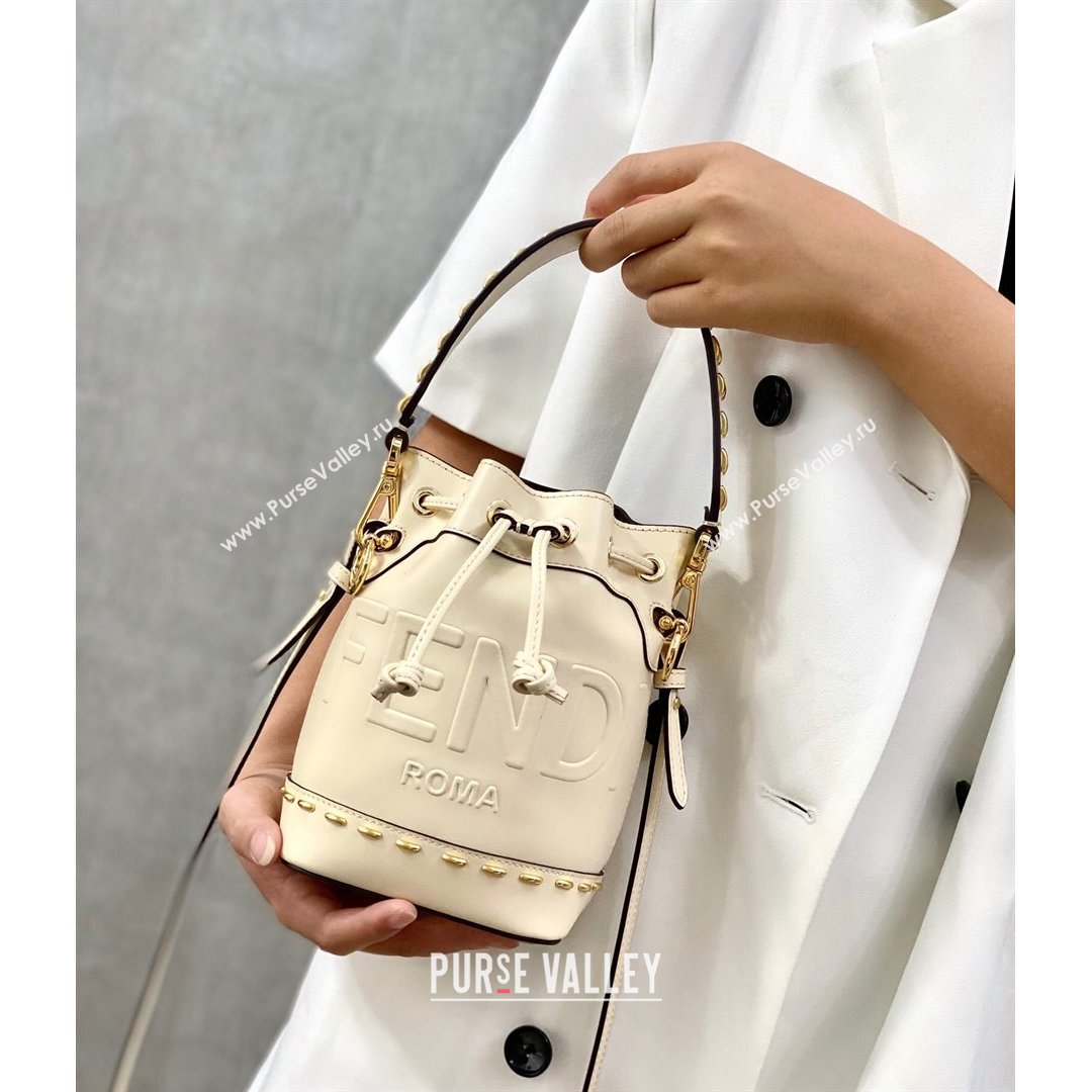 Fendi Mon Tresor Mini Bucket Bag in Metal Stitched Leather White 2021 (CL-21090638)