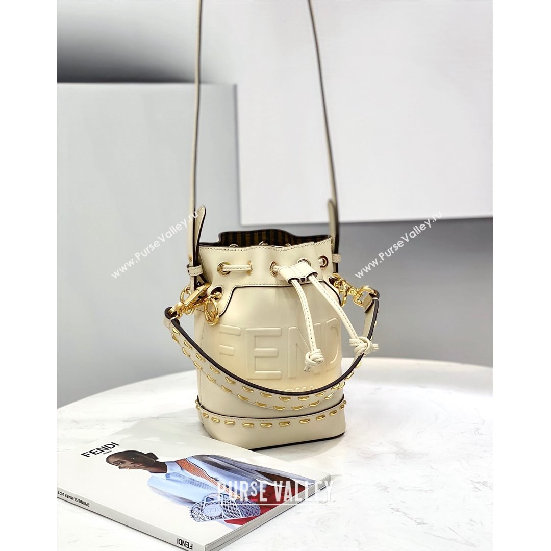 Fendi Mon Tresor Mini Bucket Bag in Metal Stitched Leather White 2021 (CL-21090638)