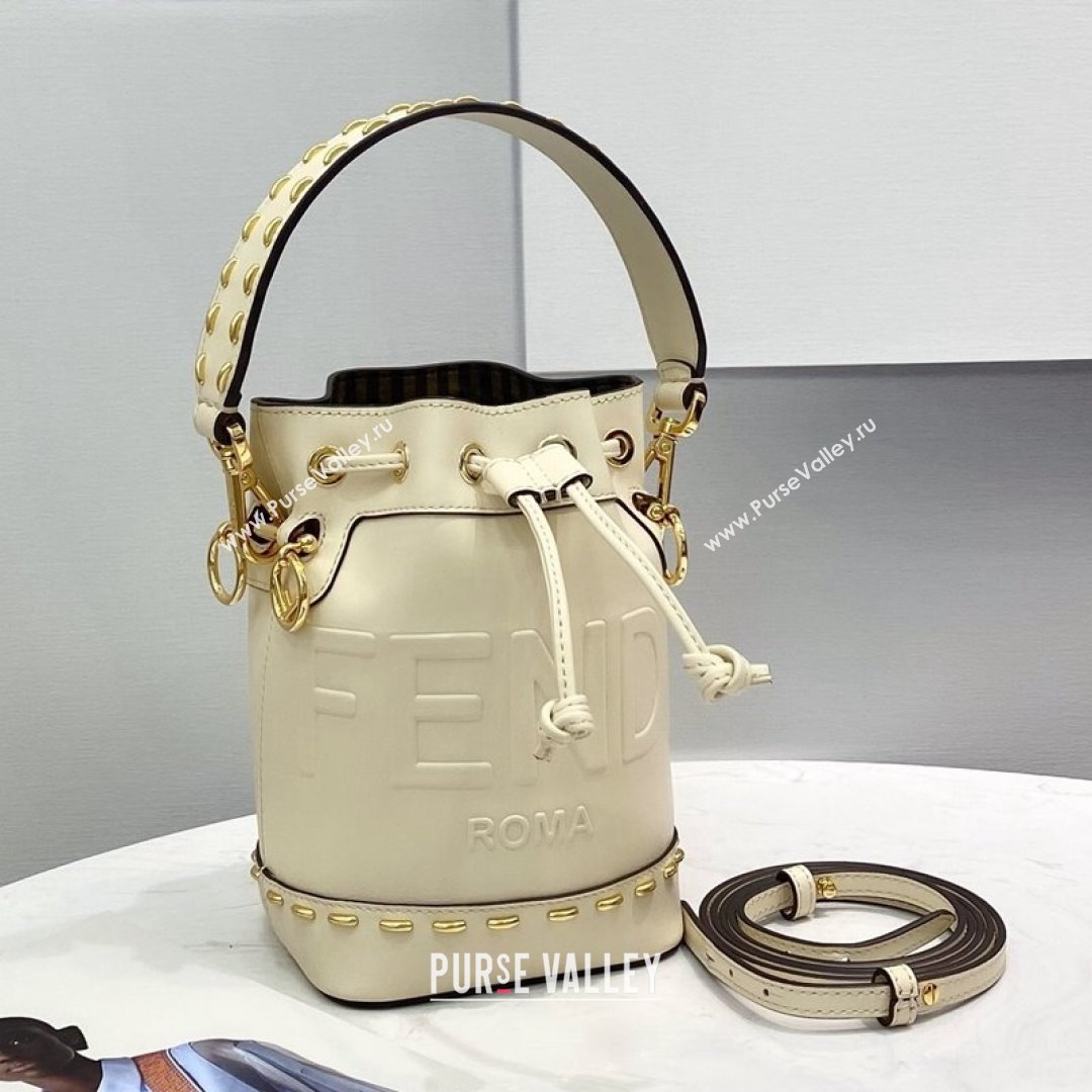 Fendi Mon Tresor Mini Bucket Bag in Metal Stitched Leather White 2021 (CL-21090638)