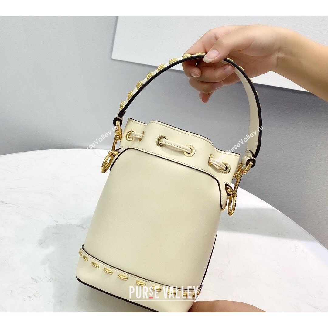 Fendi Mon Tresor Mini Bucket Bag in Metal Stitched Leather White 2021 (CL-21090638)