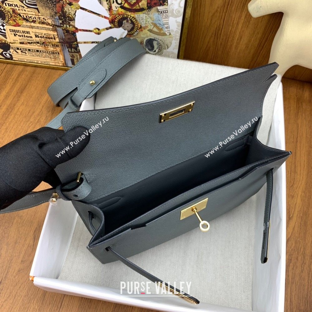 Hermes Kelly Depeches 25 Pouch in Original Epsom Leather Almond Green/Gold 2024 (Full Handmade) (XYA-24041007)