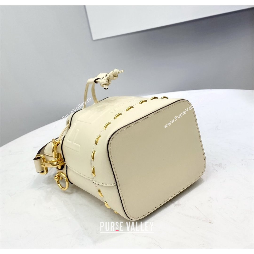 Fendi Mon Tresor Mini Bucket Bag in Metal Stitched Leather White 2021 (CL-21090638)