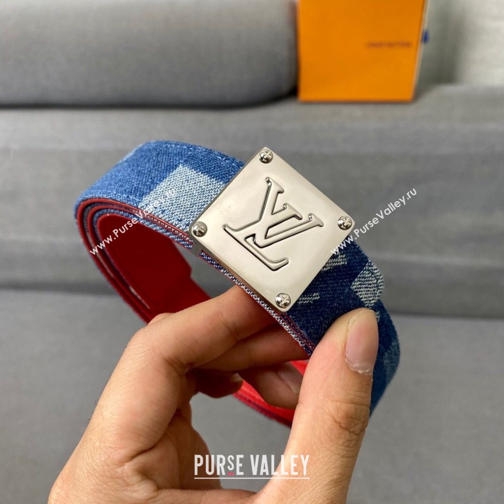 Louis Vuitton Damier Denim Canvas Belt 30mm with Square Buckle Blue/Silver 2020 (99-20122432)