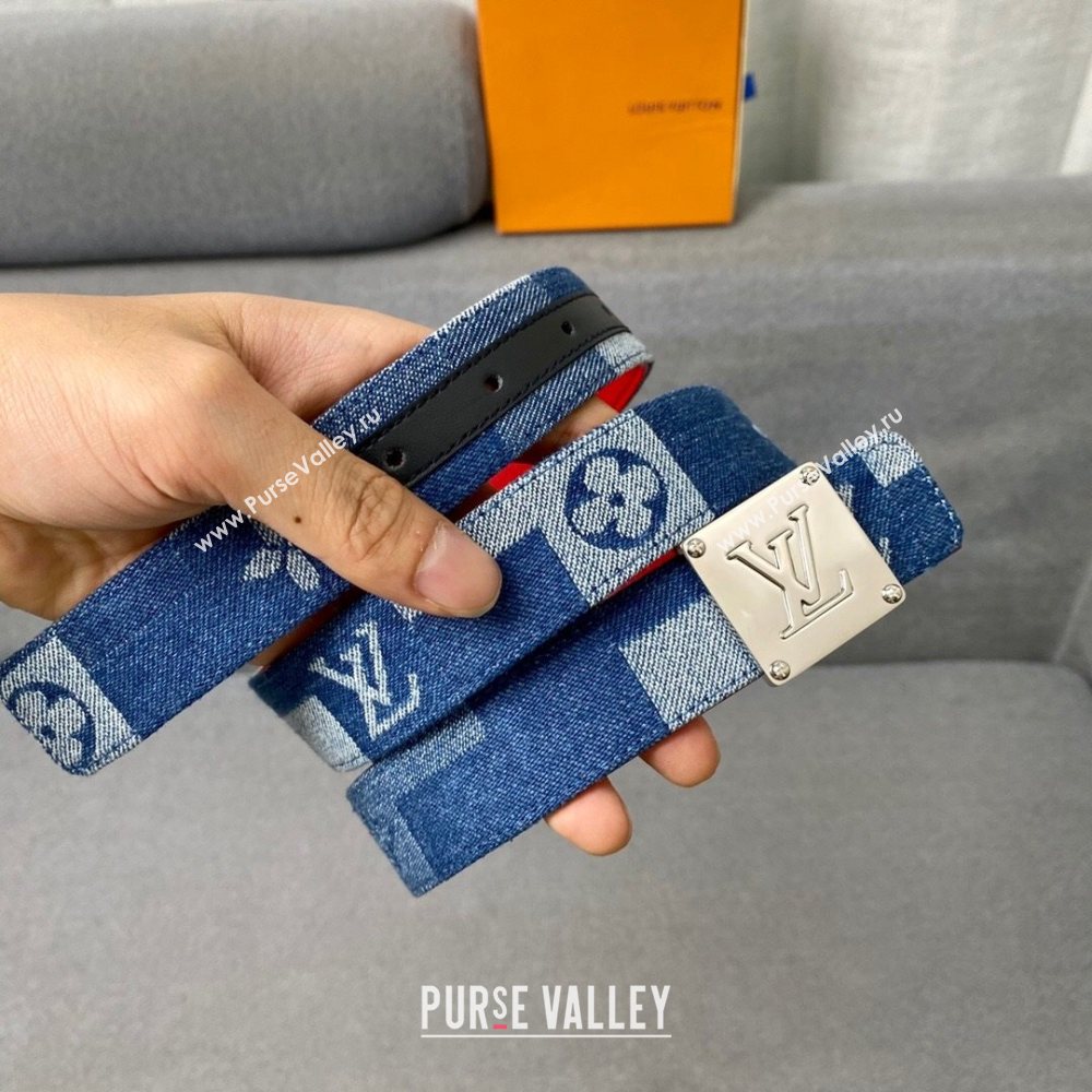 Louis Vuitton Damier Denim Canvas Belt 30mm with Square Buckle Blue/Silver 2020 (99-20122432)