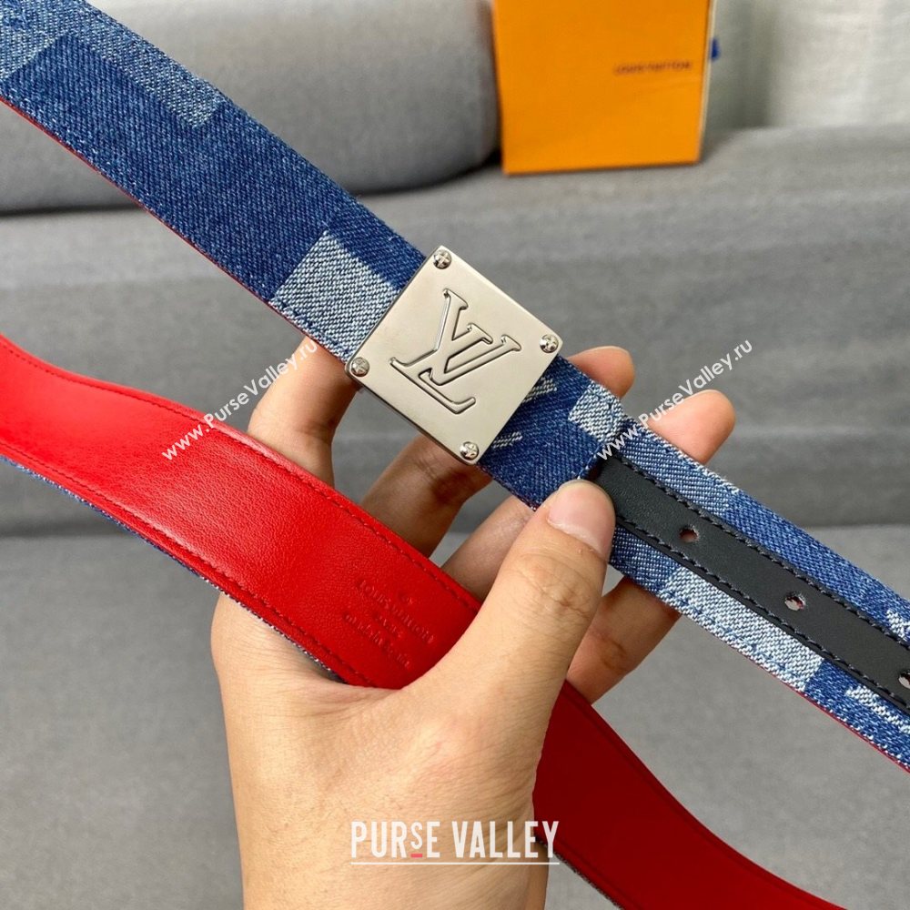 Louis Vuitton Damier Denim Canvas Belt 30mm with Square Buckle Blue/Silver 2020 (99-20122432)