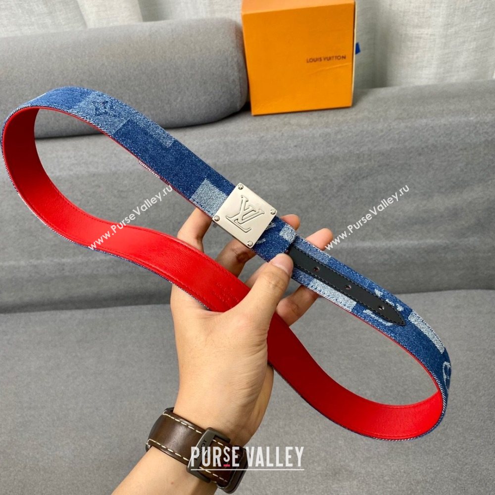 Louis Vuitton Damier Denim Canvas Belt 30mm with Square Buckle Blue/Silver 2020 (99-20122432)