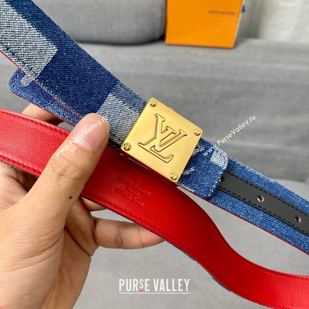 Louis Vuitton Damier Denim Canvas Belt 30mm with Square Buckle Blue/Gold 2020 (99-20122433)