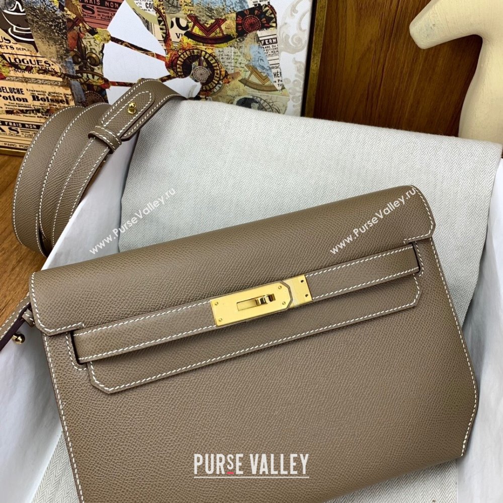 Hermes Kelly Depeches 25 Pouch in Original Epsom Leather Etoupe/Gold 2024 (Full Handmade) (XYA-24041010 )