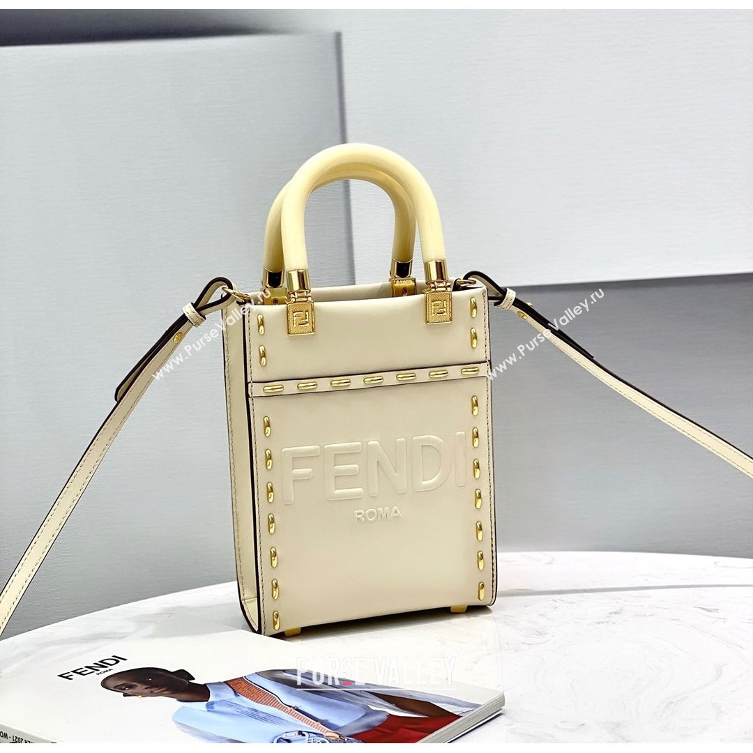 Fendi Mini Sunshine Shopper Bag in Metal Stitched Leather White 2021 (CL-21090639)