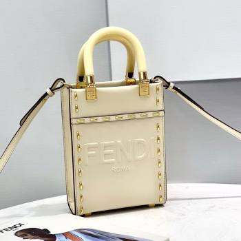 Fendi Mini Sunshine Shopper Bag in Metal Stitched Leather White 2021 (CL-21090639)