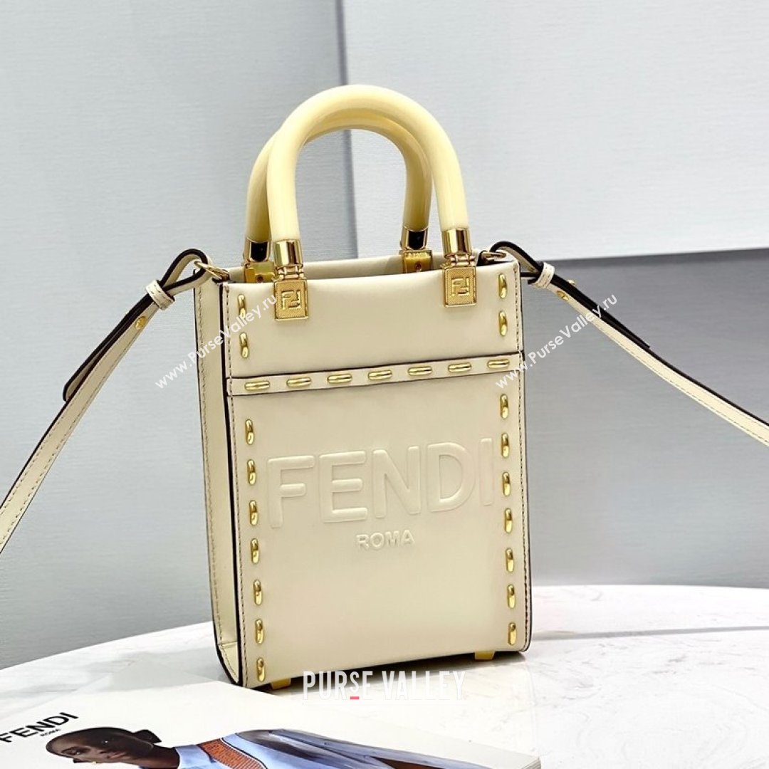 Fendi Mini Sunshine Shopper Bag in Metal Stitched Leather White 2021 (CL-21090639)