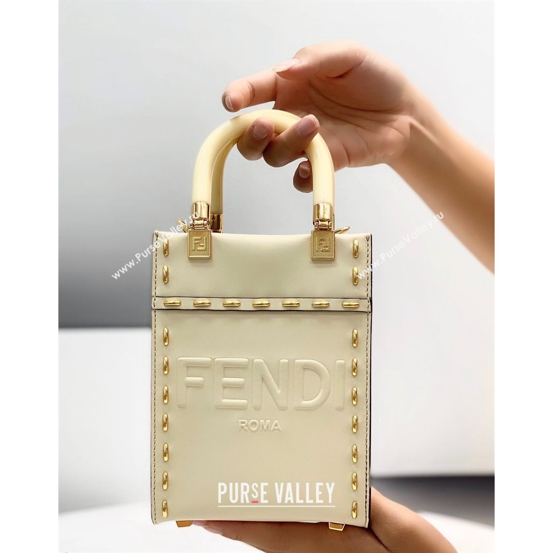 Fendi Mini Sunshine Shopper Bag in Metal Stitched Leather White 2021 (CL-21090639)