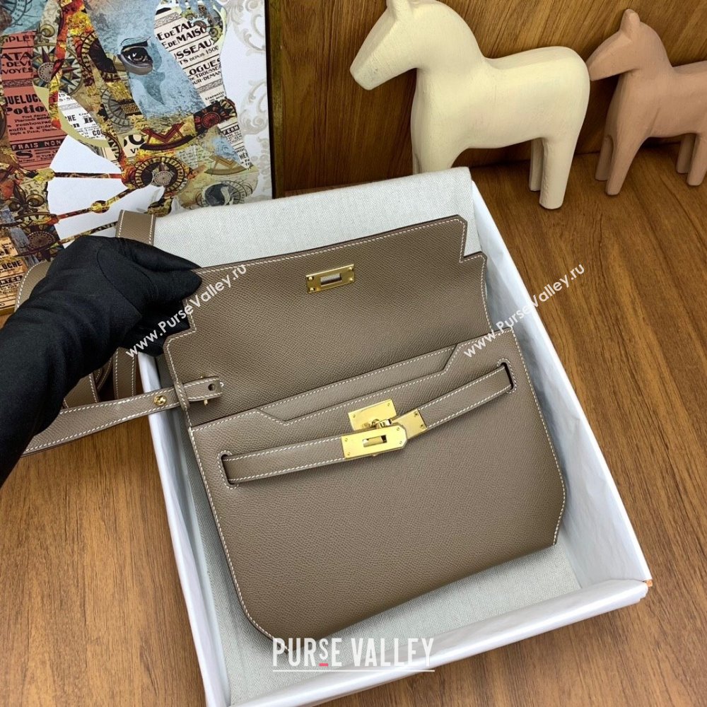 Hermes Kelly Depeches 25 Pouch in Original Epsom Leather Etoupe/Gold 2024 (Full Handmade) (XYA-24041010 )