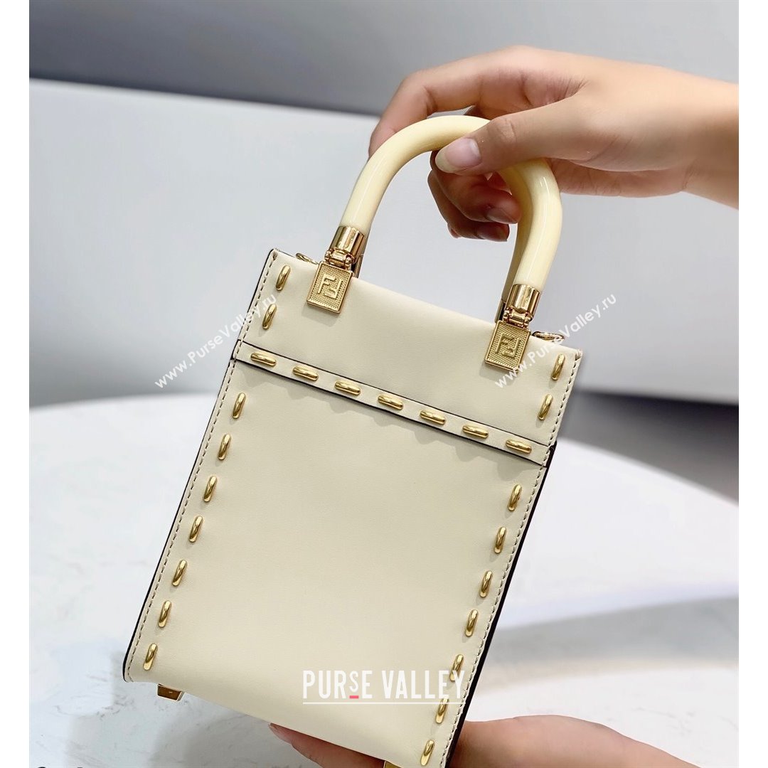 Fendi Mini Sunshine Shopper Bag in Metal Stitched Leather White 2021 (CL-21090639)